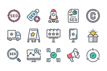 Poster - Corporate brand style and SEO related color line icon set. Brand project linear icons. Advertisement colorful outline vector sign collection.