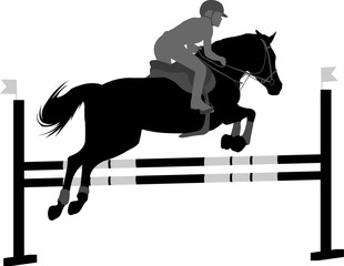 Wall Mural - jumping show. horse with jockey jumping a hurdle silhouette