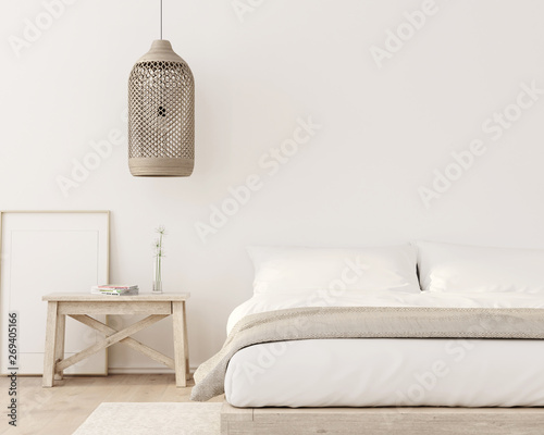 Cuadros en Lienzo Stylish bedroom interior in beige color with wooden bench, wicker chandelier and
