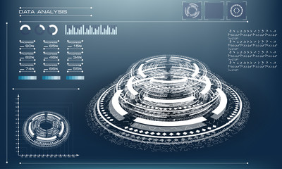 Poster - Abstract futuristic object . HUD elemet . 3D hologram display consist of glowing particles and blurred circles . Tech infographic template design innovative concept background eps 