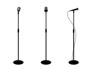 three microphones on counter. white background. silhouette microphone. music icon, mic. flat design,