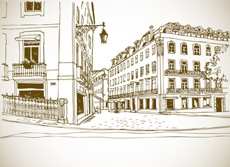 Urban landscape in hand drawn line style. Lisbon, Portugal. Old street view sketch in sepia. Ink drawing. Vector illustration