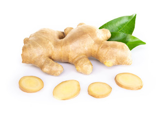 Sticker - Fresh ginger root with sliced islolated on white background for herb and medical product concept