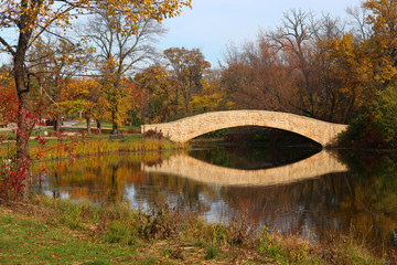 Wall Mural - beautiful fall landscape with a bridge in the city park. colored trees and bridge in sunlight reflec