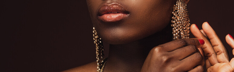 Wall Mural - cropped view of smiling african american woman with earrings isolated on brown