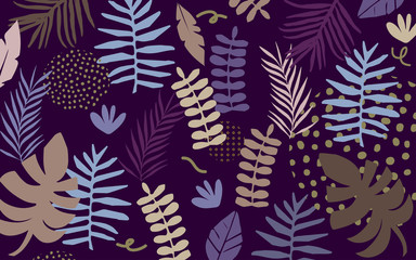  Tropical jungle leaves and flowers background. Tropical poster design. Exotic leaves, flowers, plants and branches art print. Botanical pattern, wallpaper, fabric vector illustration design