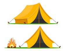 Tourist Tent With Different Angles And A Campfire On A White Background.