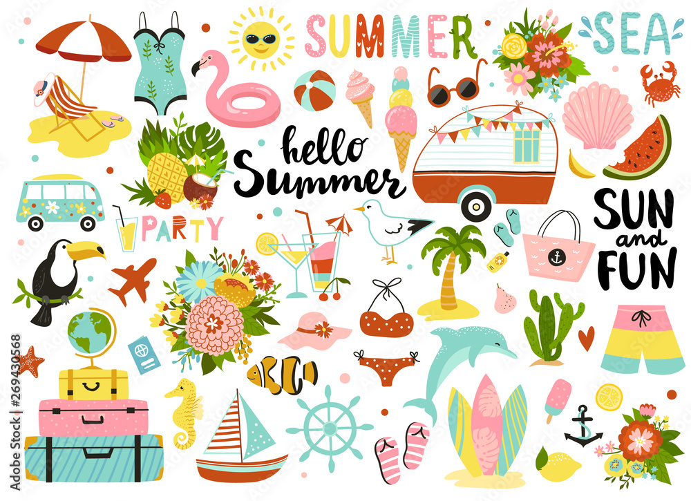 Set of cute summer elements: sun, palm tree, beach umbrella, calligraphy, tropical flowers and birds. Perfect for summertime poster, card, scrapbooking , tag, invitation, sticker kit.  - obrazy, fototapety, plakaty 