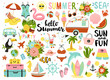 Set of cute summer elements: sun, palm tree, beach umbrella, calligraphy, tropical flowers and birds. Perfect for summertime poster, card, scrapbooking , tag, invitation, sticker kit. 