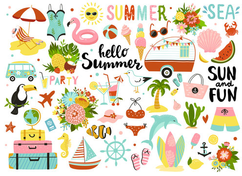 set of cute summer elements: sun, palm tree, beach umbrella, calligraphy, tropical flowers and birds