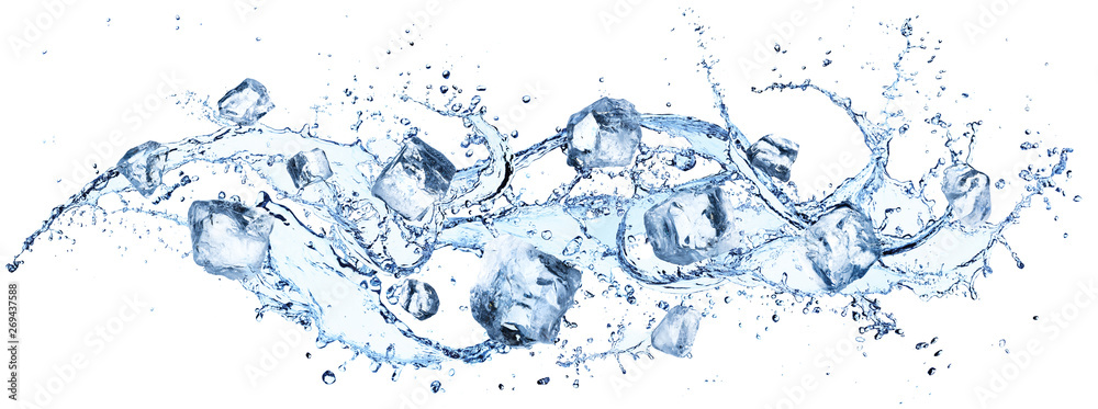 Ice Cubes In Splashing - Cold And Refreshment - obrazy, fototapety, plakaty 