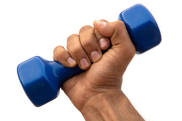 Lifting blue dumbell on white background