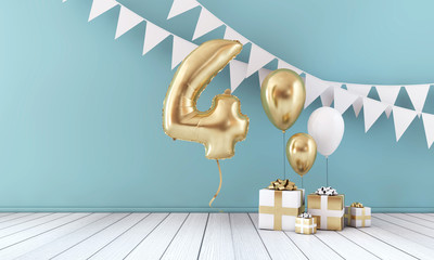 Wall Mural - Happy 4th birthday party celebration balloon, bunting and gift box. 3D Render