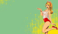 Beautiful Excited Pin Up Girl Vector Illustration In Pop Art Style