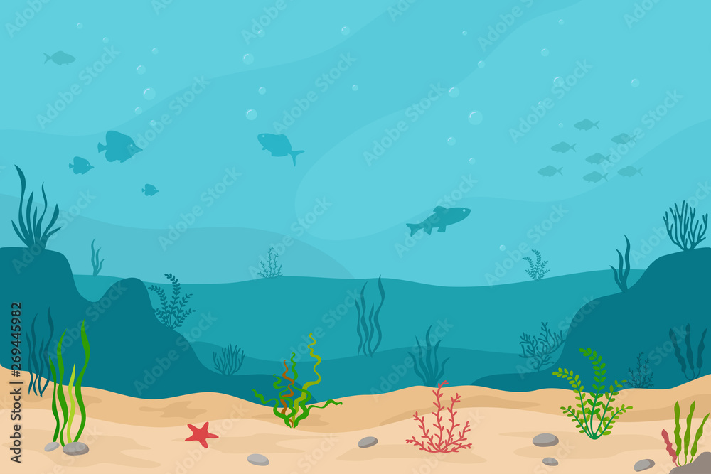 Life Issue Images Vector Sea underwater background. Marine sea bottom with underwater plants ...