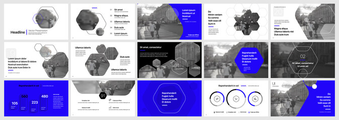 Presentation template, blue and black infographic elements on white background. Vector slide template for business project presentations and marketing.