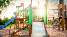 Image Of Empty Big Wooden Playground At Park With Lots Old Ladders, Stairs And Slides