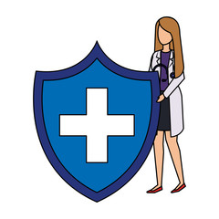 Wall Mural - female doctor with stethoscope and medical shield