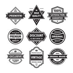 Wall Mural - Business badges vector set in retro design style. Abstract logo. Premium quality. Satisfaction guaranteed. Original, vintage, discount, exclusive design labels. Black & white colors.