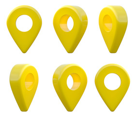 Map pointer icon. GPS location symbol. Pointer yellow pin marker for travel place. Location symbols set isolated on white background. 3D rendering illustration