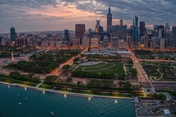 Canvas Print - Aerial View of the Chicago Skyline from above the Harbor on Lake Michigan