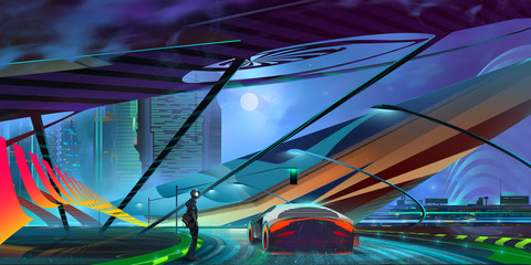 drawn night background fantastic cyberpunk cityscape with car