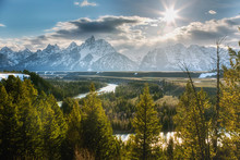 The Snake River Overlook Looks Over Schwabacher's Landing And Snake River, The Grand Teton Moutain Range In The Distance. Taken Sunset In Mid-May In Grand Teton National Park.