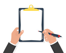 Hands Holding Clipboard With Pen. Empty Blank. Pen In Hand. Check List Clipboard In Hand