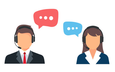 Call center. Help, Support and Contact. Customer Service Icon. Male and female call center working in headphones. Customer service character.