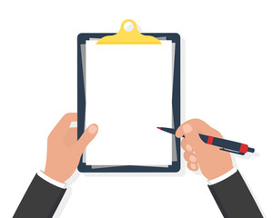 Poster - Hands holding clipboard with pen. Empty blank. Pen in hand. Check list clipboard in hand