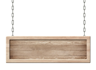 Wall Mural - Oblong board with wooden frame and made of bright natural wood hanging on chains