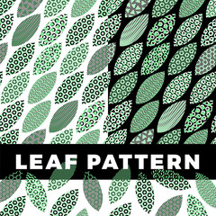 Fototapete - A set of seamless pattern of leaves that are filled with abstract technical patterns and objects. Concept technical background with fresh color apple leaves.