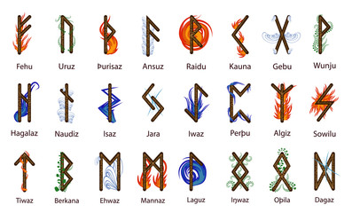 Wall Mural - A large set of Scandinavian runes, decorated according to the elements of Fire, Water, Earth, Air and Time