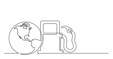 continuous line drawing of world planet with gas petrolium pump