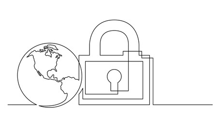 continuous line drawing of world planet with security lock