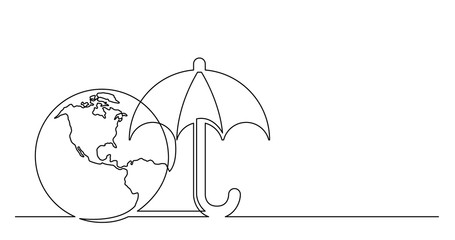 continuous line drawing of world planet with umbrella weather icon