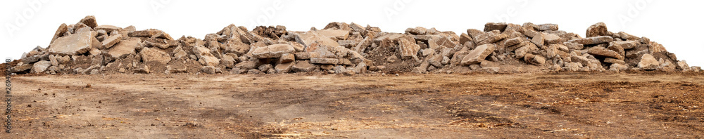 Isolated views of concrete debris piles on the ground. - obrazy, fototapety, plakaty 