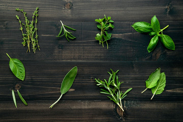 Poster - Various of spices and herbs on wooden background. Flat lay spices ingredients rosemary, thyme, oregano, sage leaves and sweet basil on dark wooden.