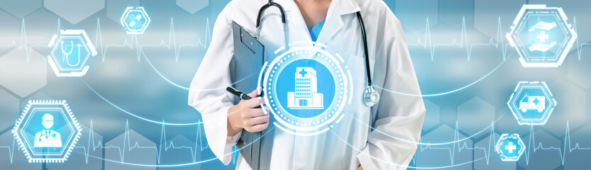 Medical Healthcare Concept - Doctor in hospital with digital medical icons graphic banner showing symbol of medicine, medical care people, emergency service network, doctor data of patient health.