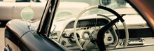 Interior Of A Classic American Car, Old Vintage Vehicle