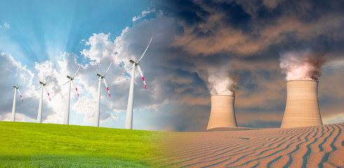 Clean energy concept - Renewable Wind Energy vs Chimneys of thermal power plant on desert