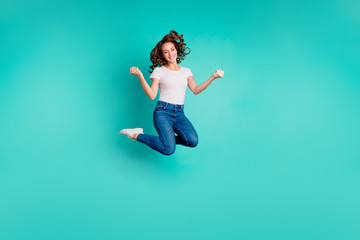 Full length body size view of her she nice-looking attractive lovely cheerful cheery wavy-haired lady having fun time day summer isolated on bright vivid shine blue background