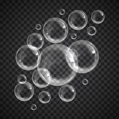 Wall Mural - Realistic floating soap bubbles on transparent background. Design element for advertising booklet, flyer or poster