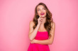 © deagreez - Close up photo amazing beautiful she her lady look up empty space hand arm chin revealing white teeth wear pretty nice cute shiny colorful dress isolated pink rose bright vivid background