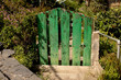 Curved weathered green wooden garden gate