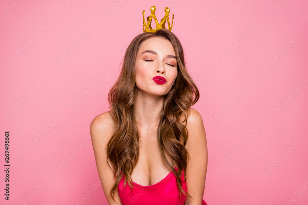 Close up photo beautiful she her lady  gold headwear coronation graduation party festive wait preparing send kiss prom queen announce wear colorful formal-wear  dress isolated pink bright background - obrazy, fototapety, plakaty 