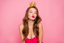 Close Up Photo Beautiful She Her Lady  Gold Headwear Coronation Graduation Party Festive Wait Preparing Send Kiss Prom Queen Announce Wear Colorful Formal-wear  Dress Isolated Pink Bright Background