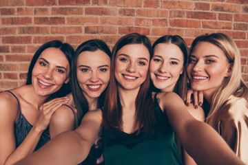 Sticker - Self-portrait of nice-looking attractive sweet lovely lovable gorgeous chic cheerful cheery glad ladies buddy fellow having fun isolated over industrial brick wall