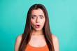 © deagreez - Portrait disappointed lovely girlish feminine youth impressed astonished horrible terrible gossip rumor secret irritated scandal unbelievable unexpected modern summer clothes isolated green background