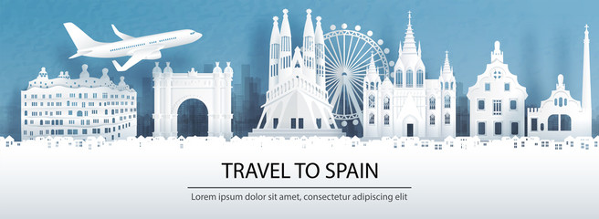 Wall Mural - Travel advertising with travel to Spain concept with panorama view of Barcelona city skyline and world famous landmarks in paper cut style vector illustration.